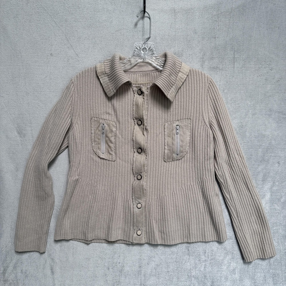 Ceci‎ Ou Cela Cardigan Sweater Womens Medium Beige Ribbed Zip Pockets Wool